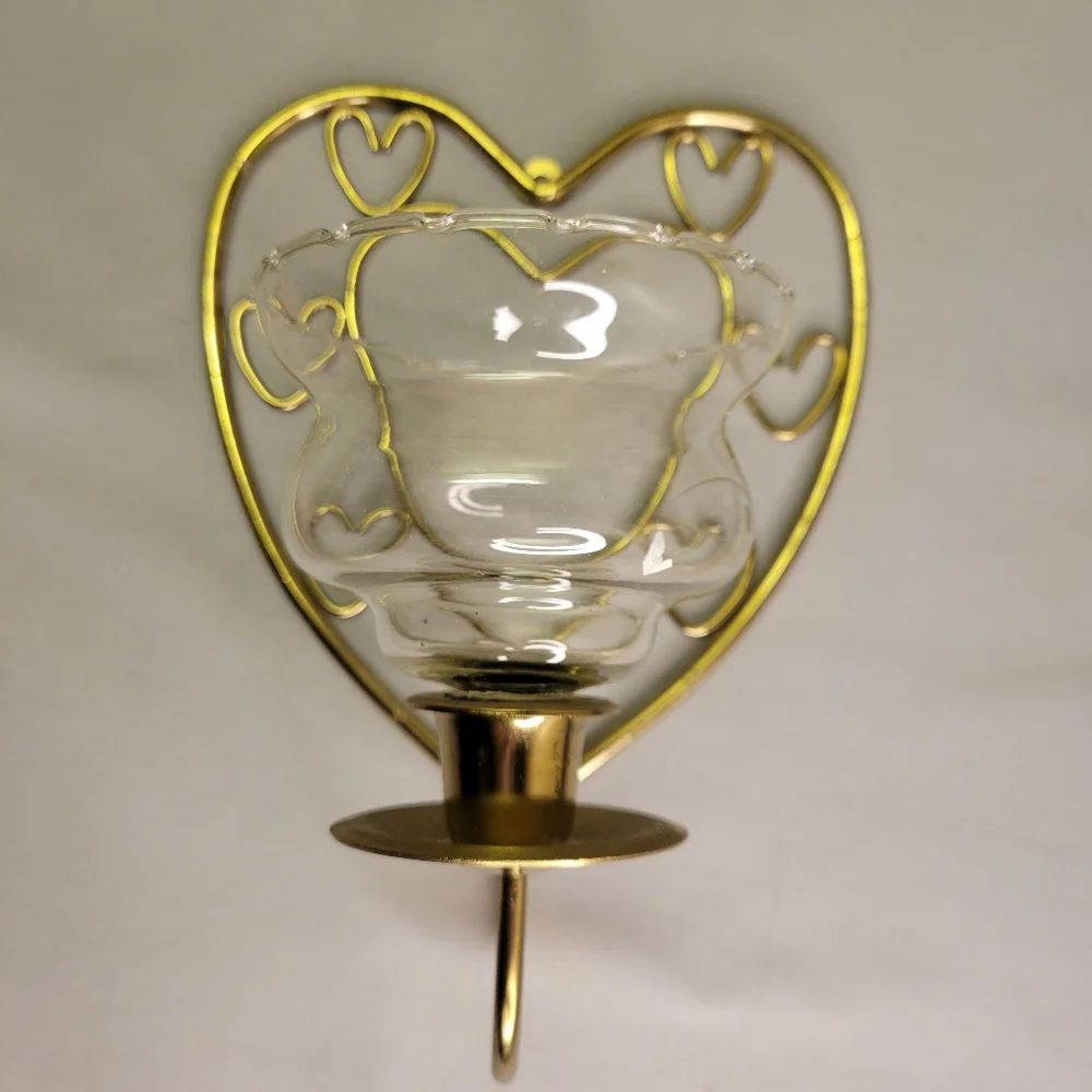 2 Vtg Candle Holders Wall Mount Heart Shaped Brass Clear Glass Shades